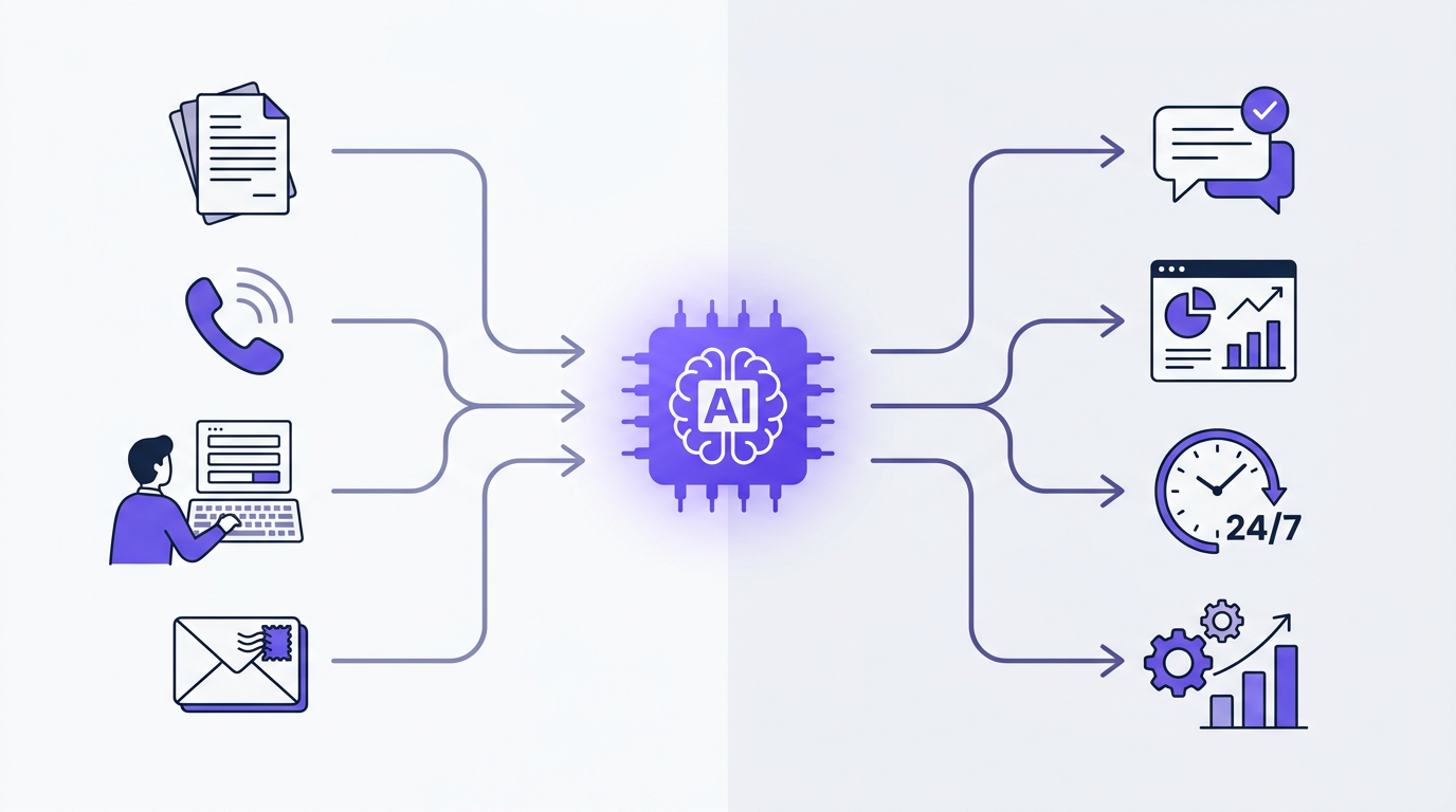 AI workflow automation diagram showing how inputs flow through an AI engine to produce automated outputs